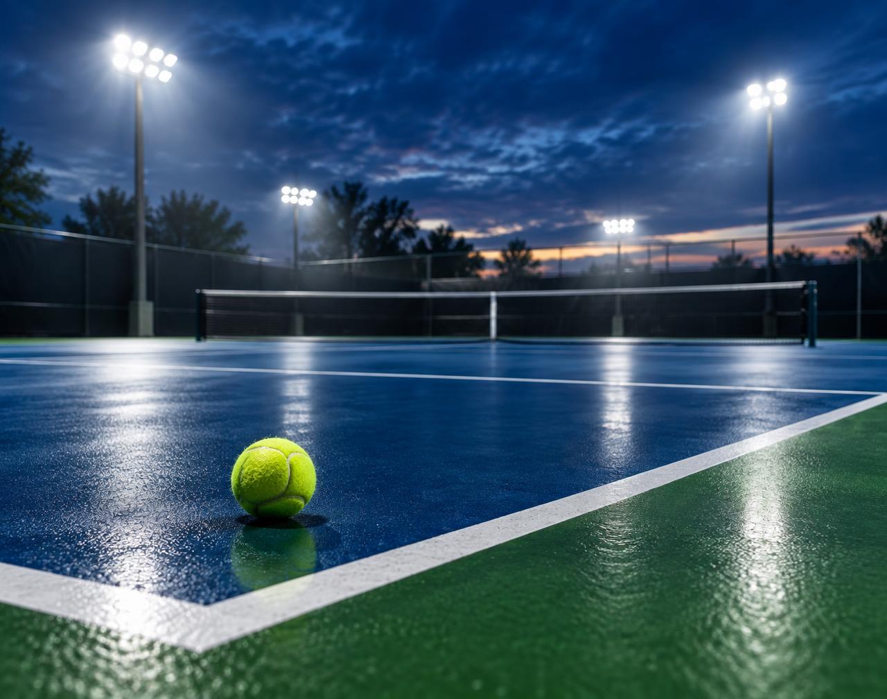 Empty hard court lit at dusk with a tennis ball near the baseline